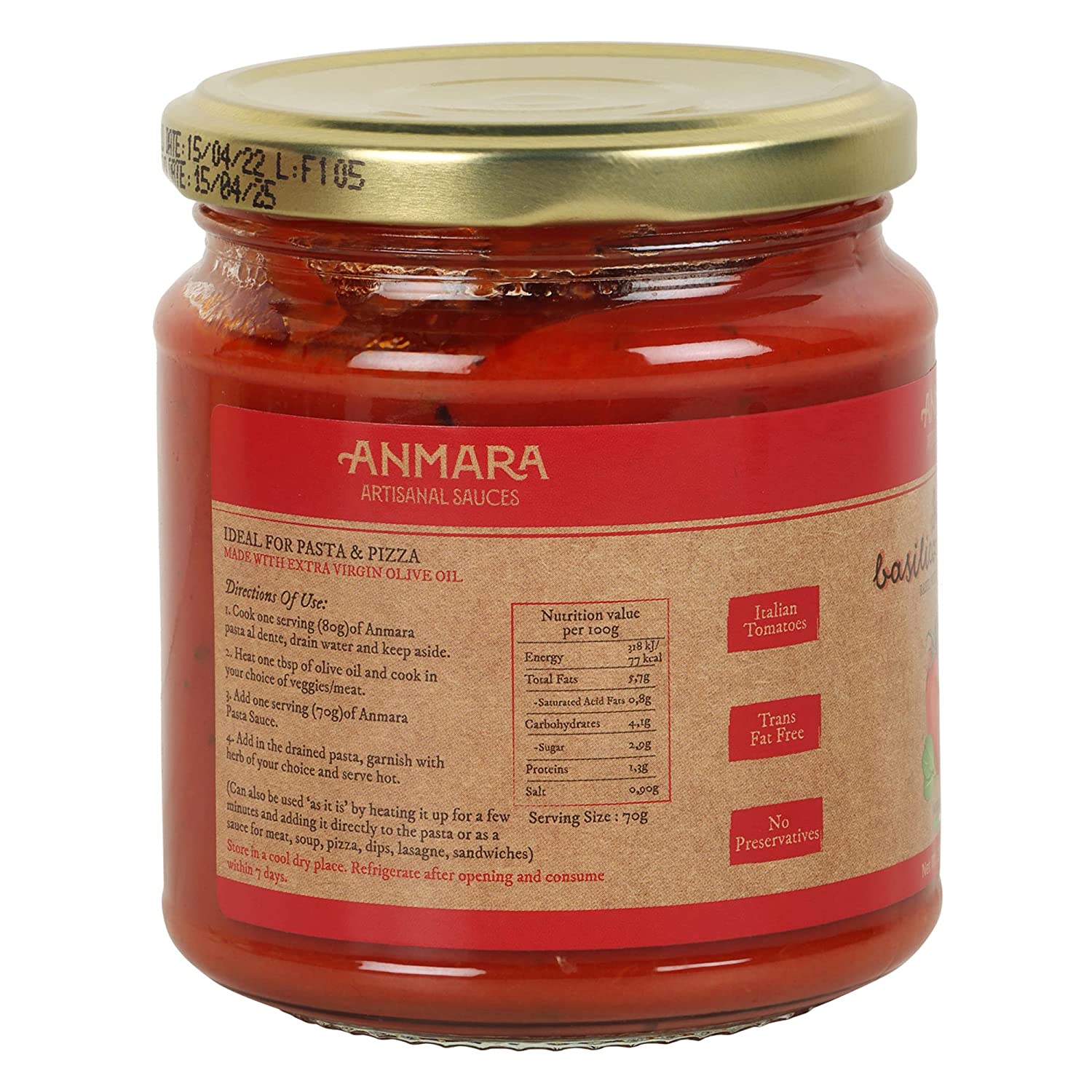 Olive & Basil Sauce – Natural - Italy - Gluten Free, No Added Sugar & Fat Free - Anmara – 280gm