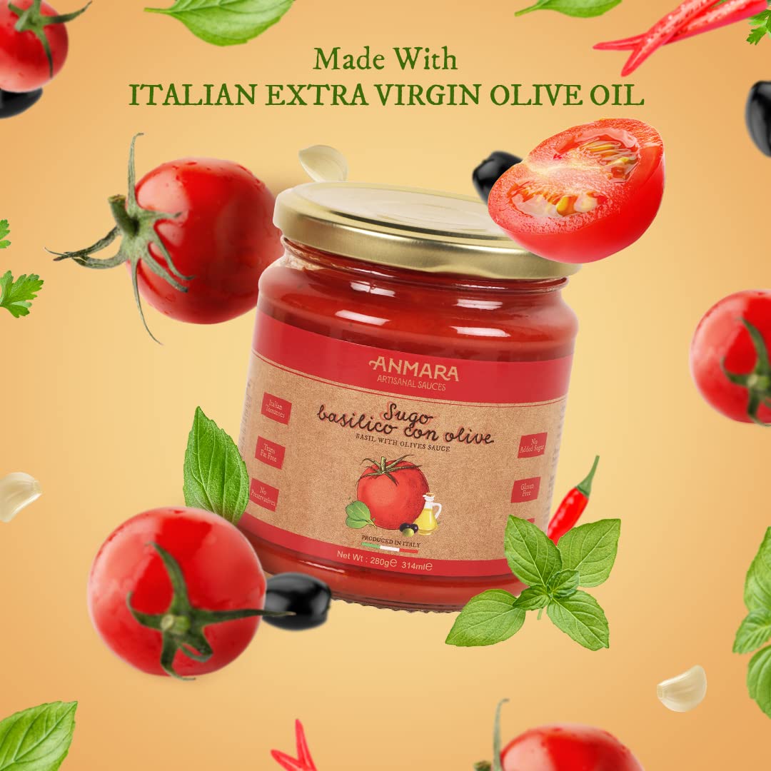 Olive & Basil Sauce – Natural - Italy - Gluten Free, No Added Sugar & Fat Free - Anmara – 280gm