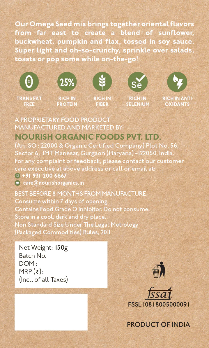 Omega Seed Mix - No Added Sugar, Keto Friendly, High Protein & Rich In Fiber - Nourish Organics - 150gm