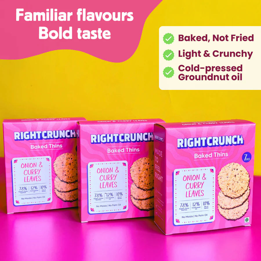 Cracker| Onion & Curry Leaves Baked Thins - Gluten Free, Vegan-No Maida, No Palm Oil & No Artificial Ingredients- Right Crunch - 50gm