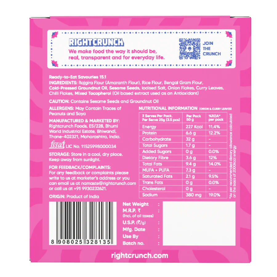 Cracker| Onion & Curry Leaves Baked Thins - Gluten Free, Vegan-No Maida, No Palm Oil & No Artificial Ingredients- Right Crunch - 50gm