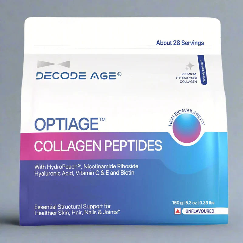 OptiAge | Marine Collagen Peptides (With Hydropeach, Nicotinamide Riboside Hyaluronic Acid, Vitamin C & E And Biotin) – Unflavoured – Essential Structural Support For Healthier Skin, Hair, Nails & Joints – Decode Age – 28 servings – 150gm