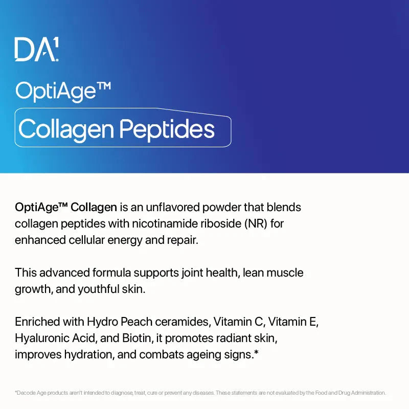 OptiAge | Marine Collagen Peptides (With Hydropeach, Nicotinamide Riboside Hyaluronic Acid, Vitamin C & E And Biotin) – Unflavoured – Essential Structural Support For Healthier Skin, Hair, Nails & Joints – Decode Age - 14 Serving - 75gm