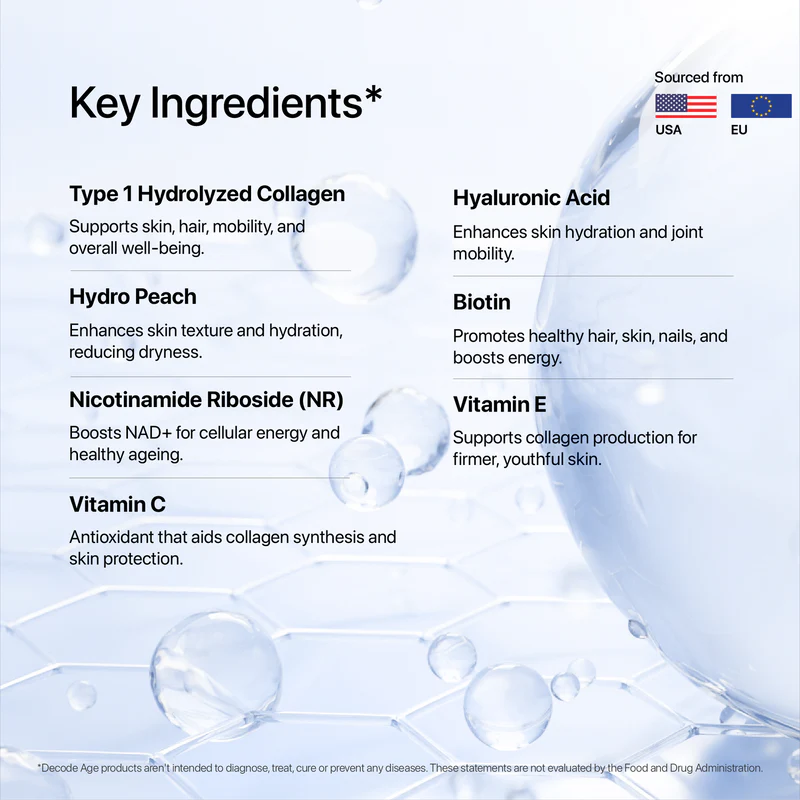 OptiAge | Marine Collagen Peptides (With Hydropeach, Nicotinamide Riboside Hyaluronic Acid, Vitamin C & E And Biotin) – Unflavoured – Essential Structural Support For Healthier Skin, Hair, Nails & Joints – Decode Age - 14 Serving - 75gm