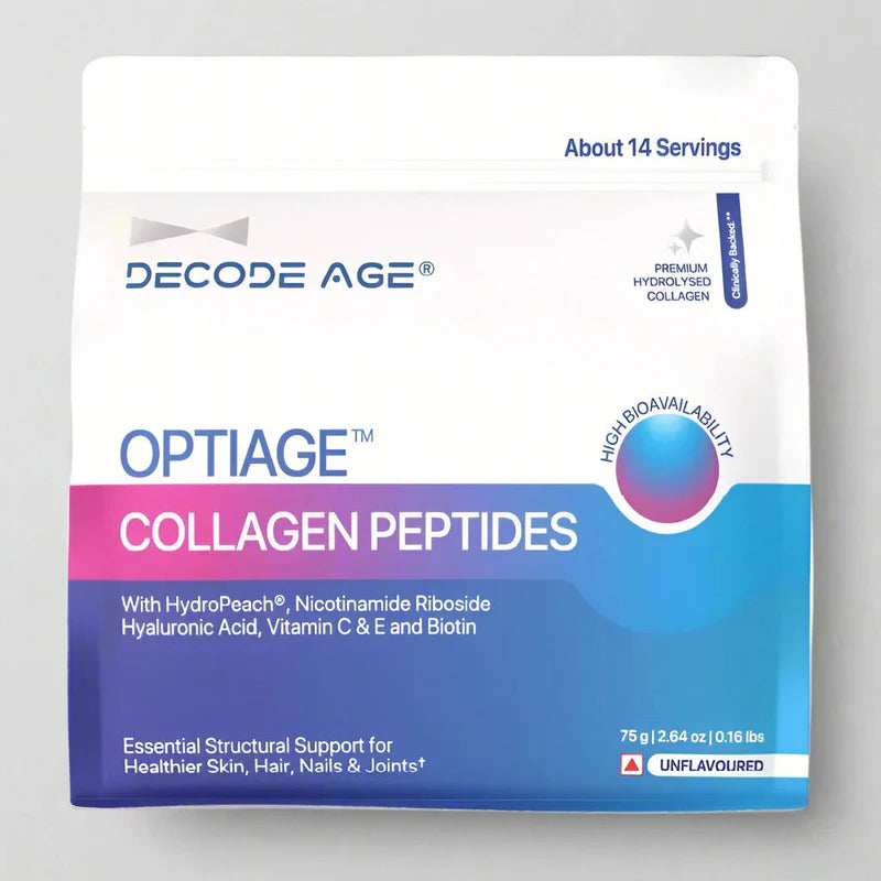 OptiAge | Marine Collagen Peptides (With Hydropeach, Nicotinamide Riboside Hyaluronic Acid, Vitamin C & E And Biotin) – Unflavoured – Essential Structural Support For Healthier Skin, Hair, Nails & Joints – Decode Age - 14 Serving - 75gm