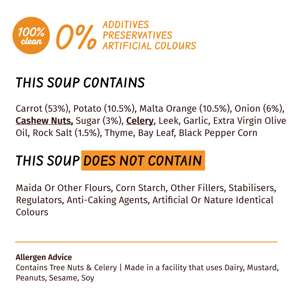 Soup | Orange & Carrot Soup (Loaded With Veggies 53% Carrots & 10.5% Malta Orange) – 100% Clean – No Flours, Fillers, Thickeners, No Preservatives, Colours & No Additives – Simplify Foods – 50gm