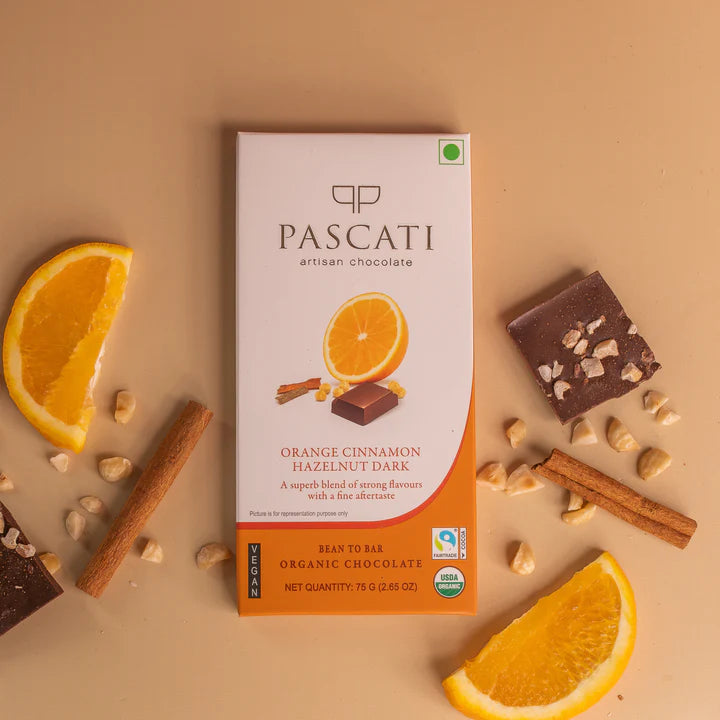 Orange Cinnamon & Hazelnuts Dark Chocolate - USDA Organic - Vegan & Gluten Free - Pascati - 75gm