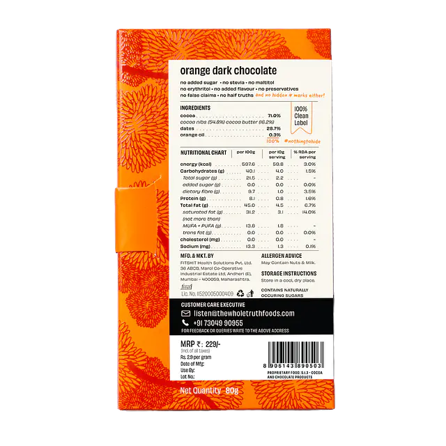 Dark Chocolate | Orange – 71% Cocoa, 29% Dates And A Dash Of Orange Oil - Natural - Indian - No Added Sugar, No Stevia, Maltitol & No Erythritol - The Whole Truth – 80gm
