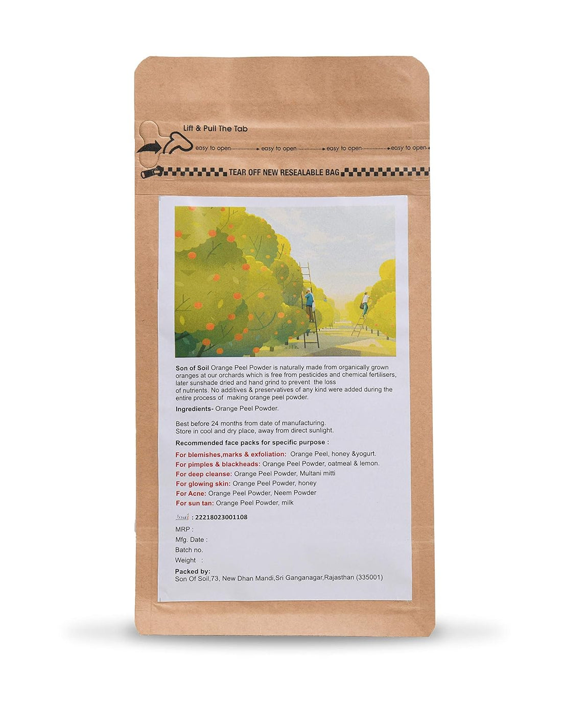 Orange Peel Powder | (Handpicked From Organic Orange Groves) - Sun Dried - Hand Grinded - For Skin & Hair - Natural - Vegan, Non Gmo, No Colors, No Preservatives & No Chemical - Son Of Soil - 125gm