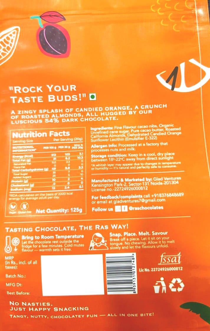 Candy | Orange Almond Rocks - Candied Orange Roasted California Almond Dipped In Rich 54% Dark Chocolate - 100% Natural Cacao - No Refined Sugar & No Palm Oil - Ras Chocolate - 125gm