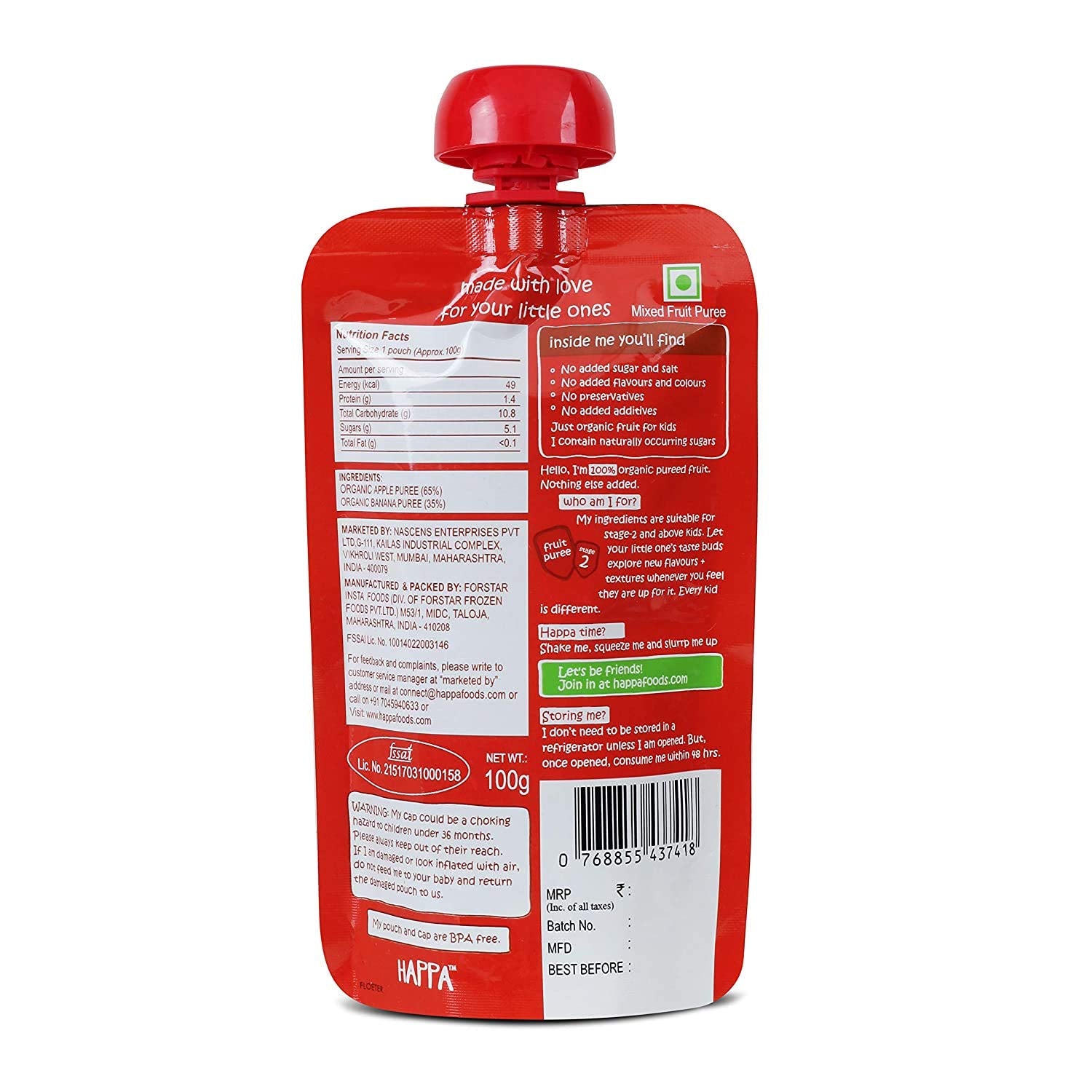 Puree | Apple & Banana Puree - Organic - Vegan, Gluten Free, No Added Sugar, No Salt, No Added Flavours, Colours & No Added Preservatives - Happa - 100gm