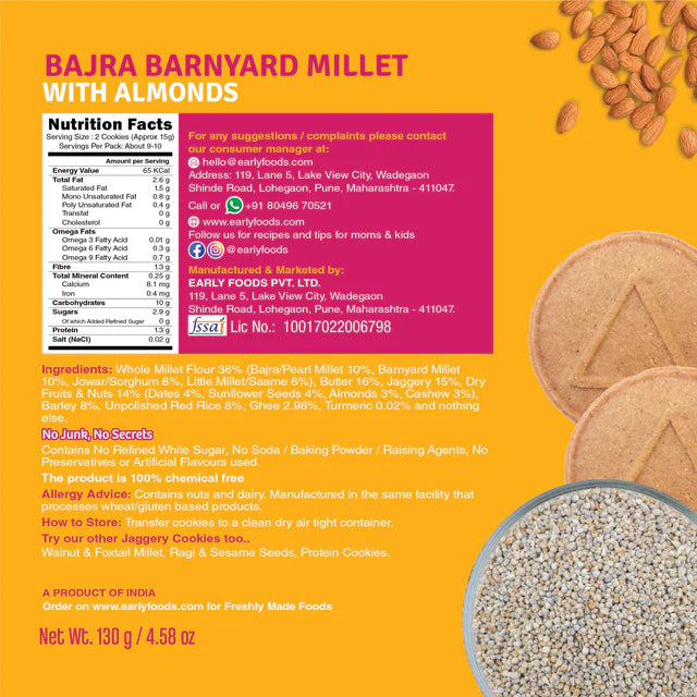 Millet Cookies | Iron Shakti - Organic Bajra & Barnyard Millet Cookies with Almonds - Prenatal– No Added Refined Sugar, No Maida & No Soda - Early Foods - 130gm