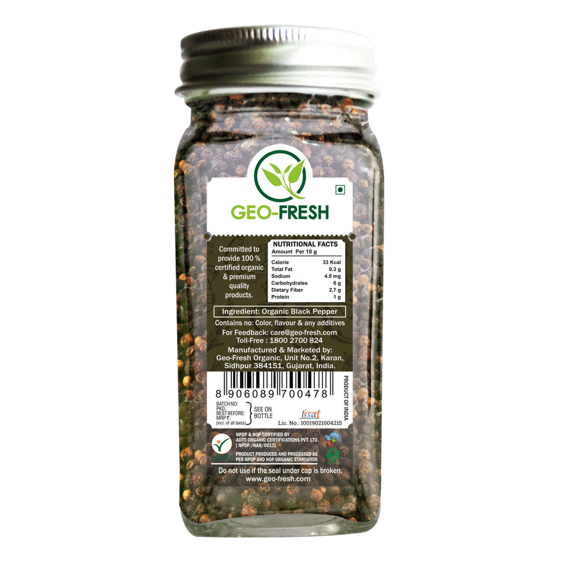 Black Pepper | USDA Organic - Geo-Fresh - 60gm