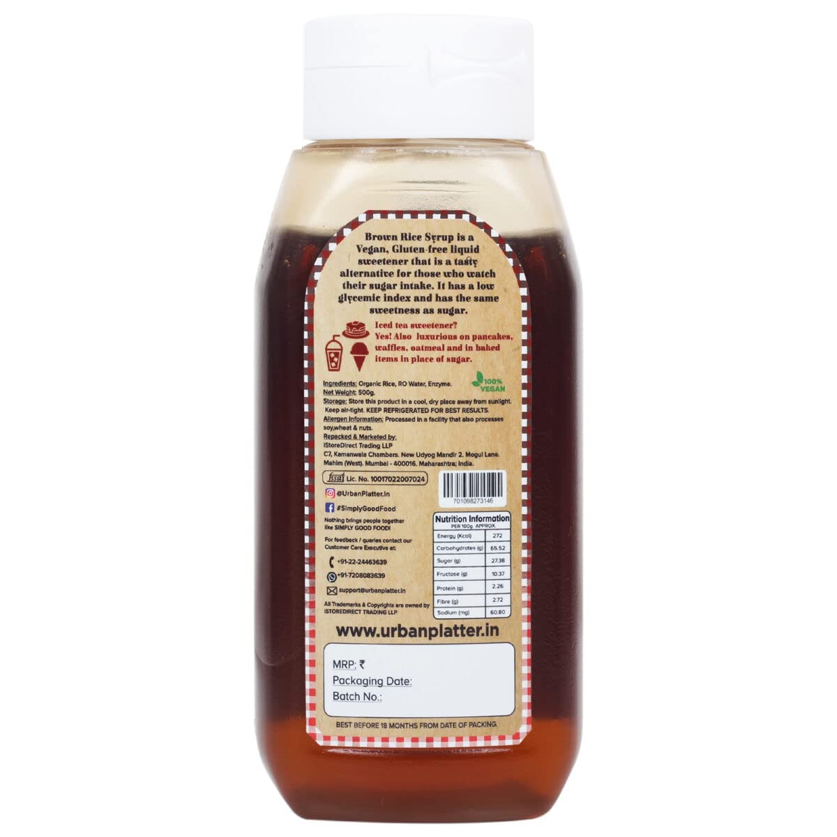 Brown Rice Syrup | Organic Brown Rice Syrup - Vegan & Gluten Free - Urban Platter - 500gm