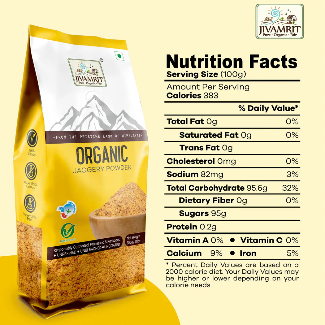 Jaggery Powder | Unrefined - Unbleached - Organic - Vegan, No Artificial Colours & No Added Preservatives - Jivamrit - 500gm