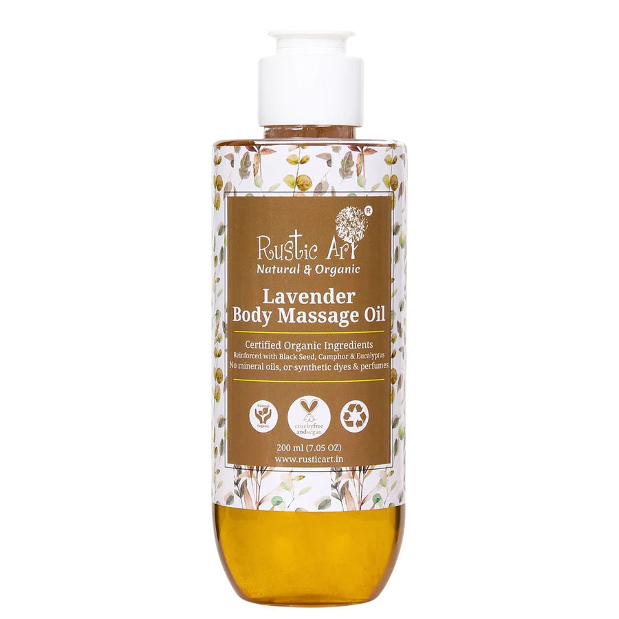 Massage Oil | Lavender Body Massage Oil - Organic - Cruelty Free, No Mineral Oil Or No Synthetic Dyes & No Perfumes - Rustic Art - 200gm