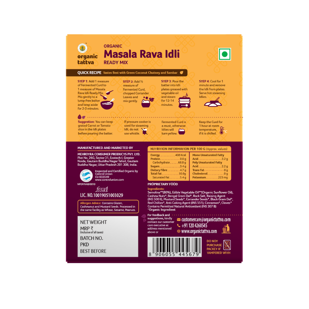Masala Rava Idli – Ready Mix - USDA Organic - Source Of Protein, South Indian Style Delicious Breakfast & Seasoned With Spices - Organic Tattva – 200gm