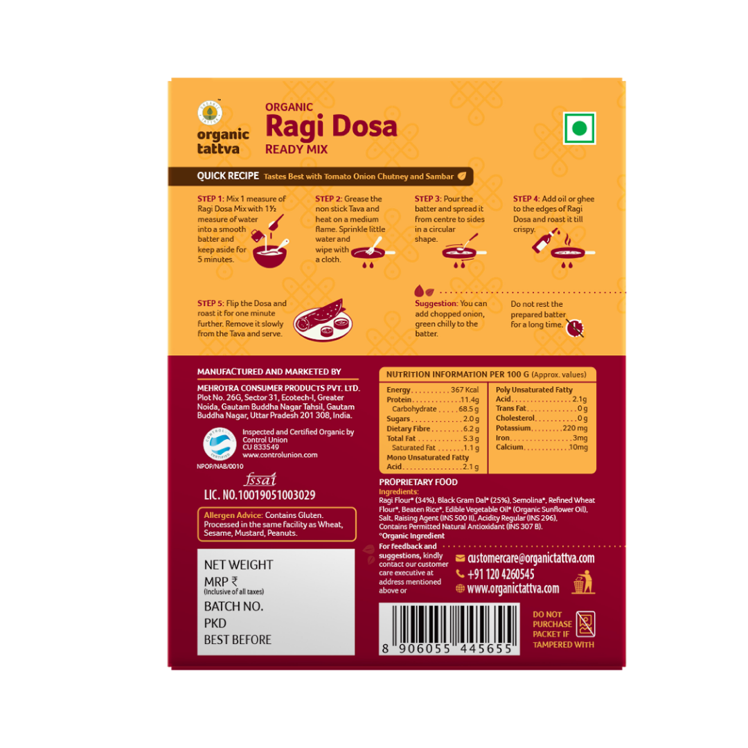 Ragi Dosa - Ready Mix - USDA Organic - Tasty & Incredibly Healthy, Packed With The Goodness Of India&