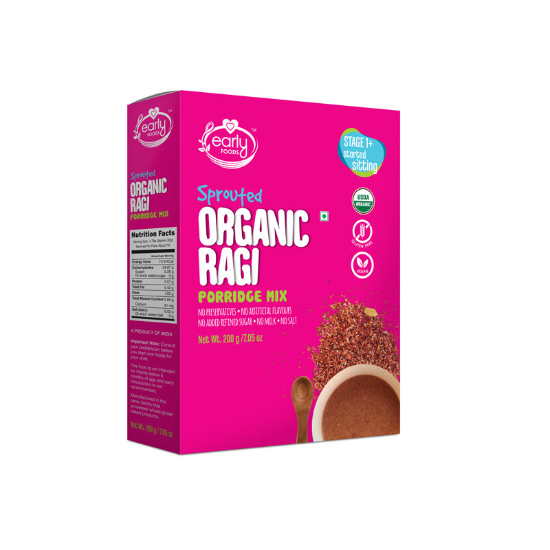 Porridge Mix | Organic Sprouted Ragi Mix (Plain) - Vegan, Gluten Free, No Preservatives, No Milk, No Salt, No Artificial Flavours & No Refined Sugar - Early Foods - 200gm
