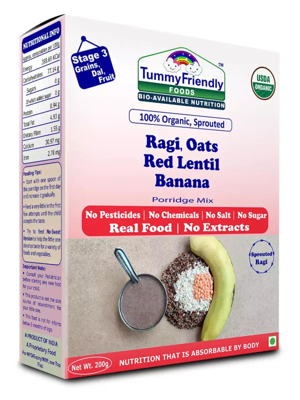 Porridge Mix | Sprouted Ragi, Oats, Red Lentil, Banana - USDA Organic - No Added Pesticides, Chemical, Salt & No Added Sugar Tummy Friendly - 200gm