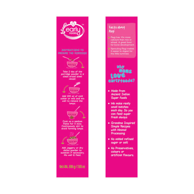 Porridge Mix | Organic Sprouted Ragi Mix (Plain) - Vegan, Gluten Free, No Preservatives, No Milk, No Salt, No Artificial Flavours & No Refined Sugar - Early Foods - 200gm