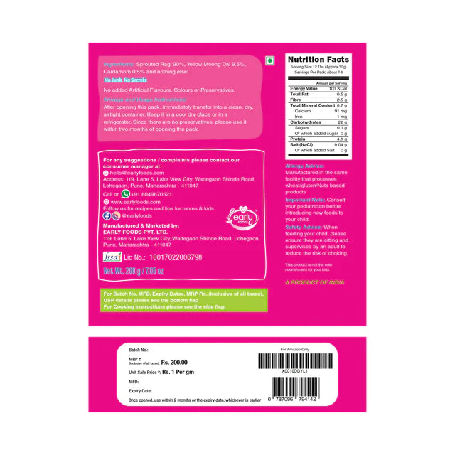 Porridge Mix | Organic Sprouted Ragi Mix (Plain) - Vegan, Gluten Free, No Preservatives, No Milk, No Salt, No Artificial Flavours & No Refined Sugar - Early Foods - 200gm