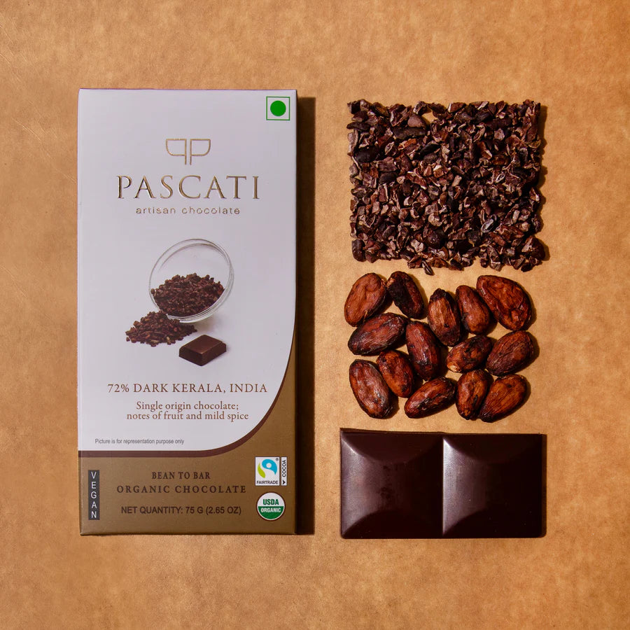 Dark Chocolate | 72% Dark Organic Chocolate - Vegan & Gluten Free - Pascati - 75gm