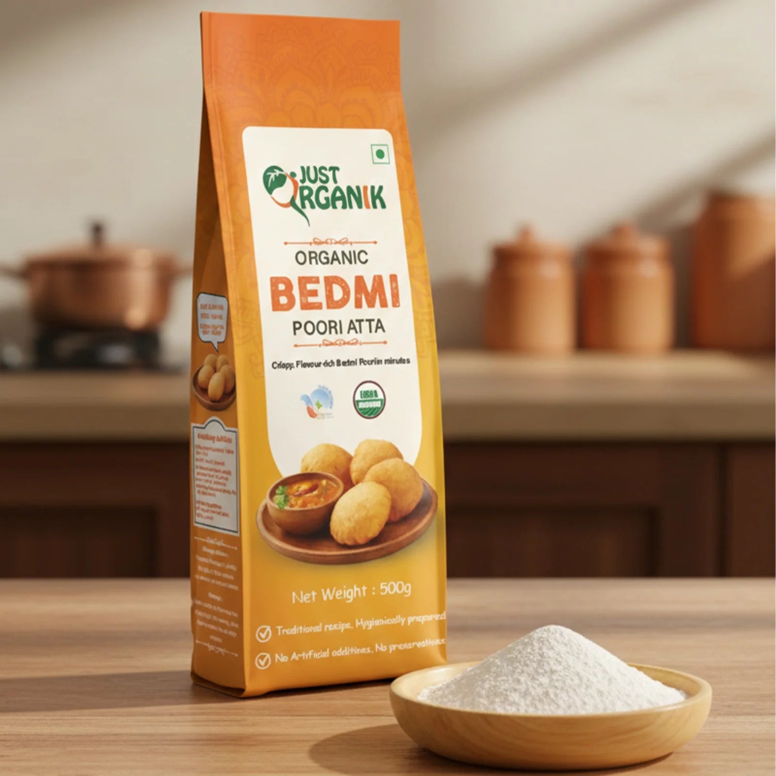 Poori Atta | Organic Bedmi Poori Flour-No Artificial Additives & No Preservatives - Just Organik - 500gm