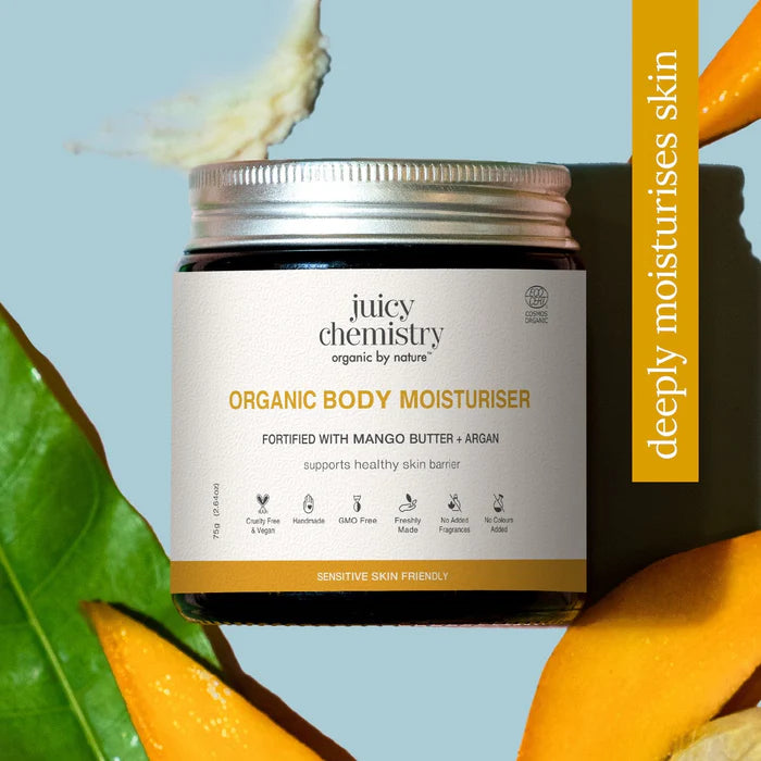 Organic Body Moisturiser - Fortified with Mango Butter + Argan - Supports Healthy Skin Barrier- Sensitive Skin Friendly-Cruelty Free & Vegan, Freshly Free-No Added Fragrances – Juicy Chemistry- 75gm