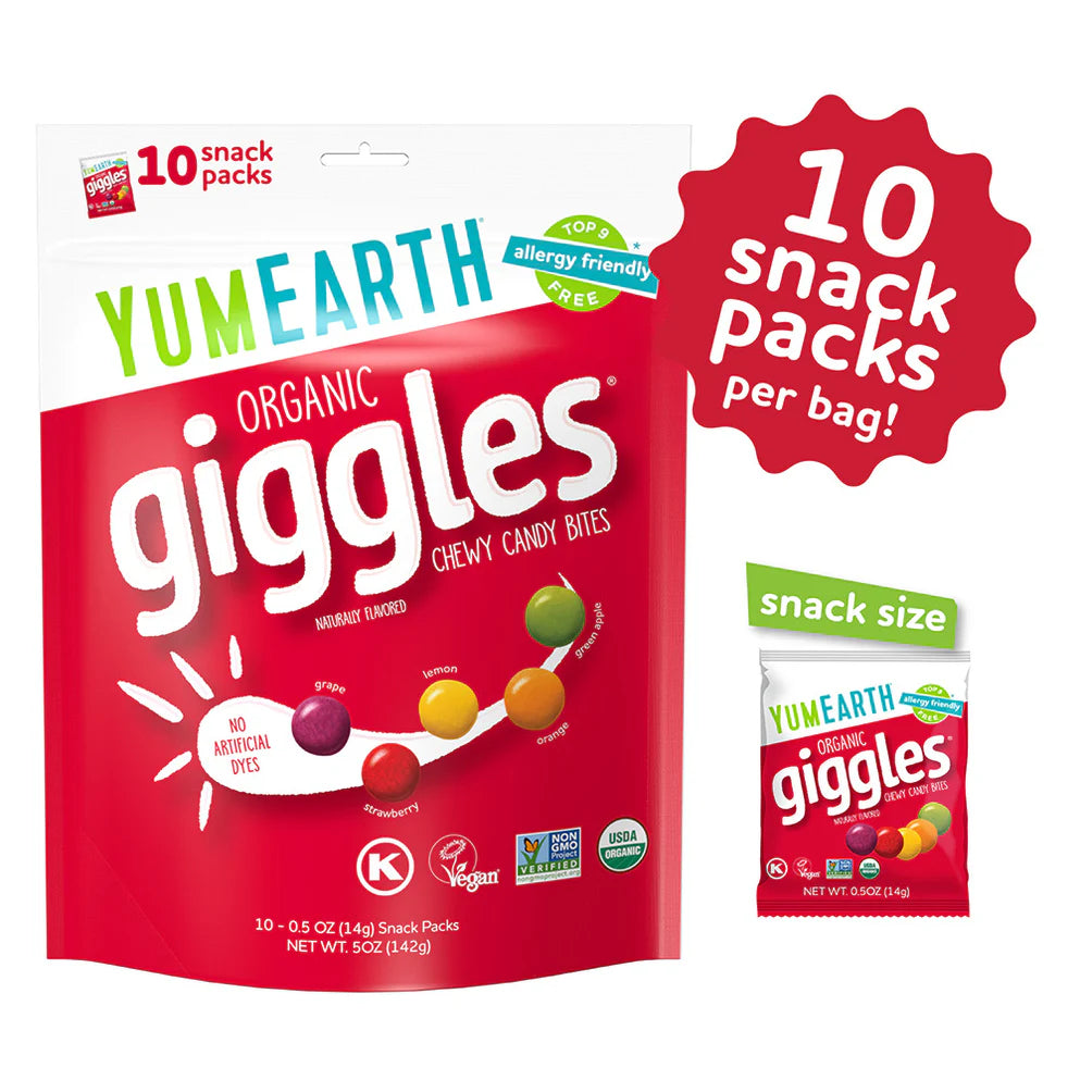 Candy | Giggles - USDA Organic - Vegan, Gluten Free, Non GMO & No High Fructose Corn Syrup Or No Artificial Dyes - Yum Earth - 10 Snack Pack - 142gm