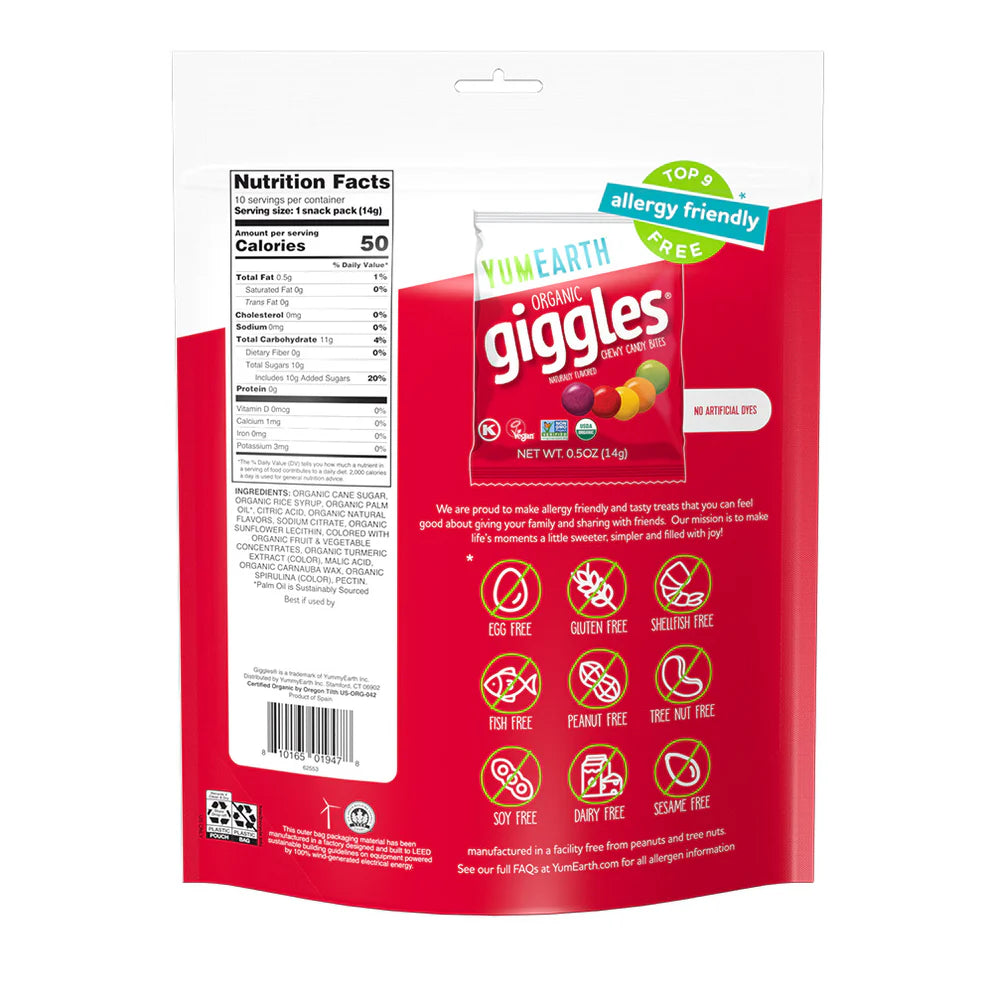 Candy | Giggles - USDA Organic - Vegan, Gluten Free, Non GMO & No High Fructose Corn Syrup Or No Artificial Dyes - Yum Earth - 10 Snack Pack - 142gm
