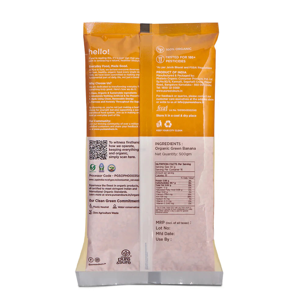 Green Banana  Flour - Organic - Gluten Free - Pure And Sure - 500gm