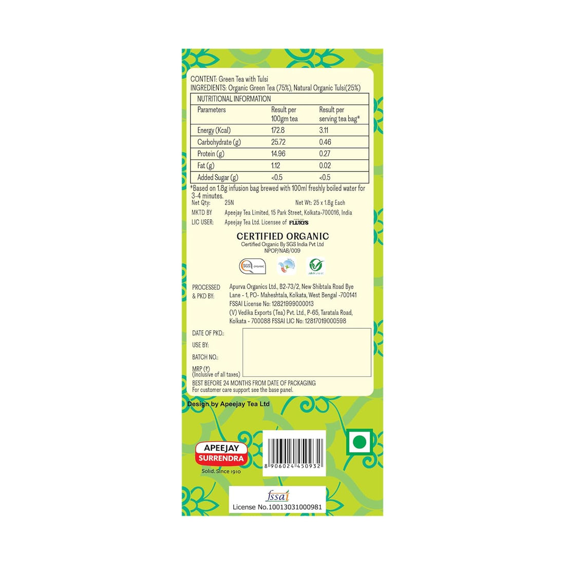 Tea | Organic Green Tea Tulsi - Flurys - 25Tea Bags