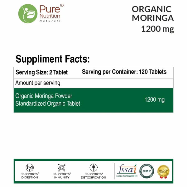 Moringa Capsules | Organic – Support Digestion – Support Immunity – Supports Detoxification – Pure Nutrition – (1200mg) – 120 Capsules