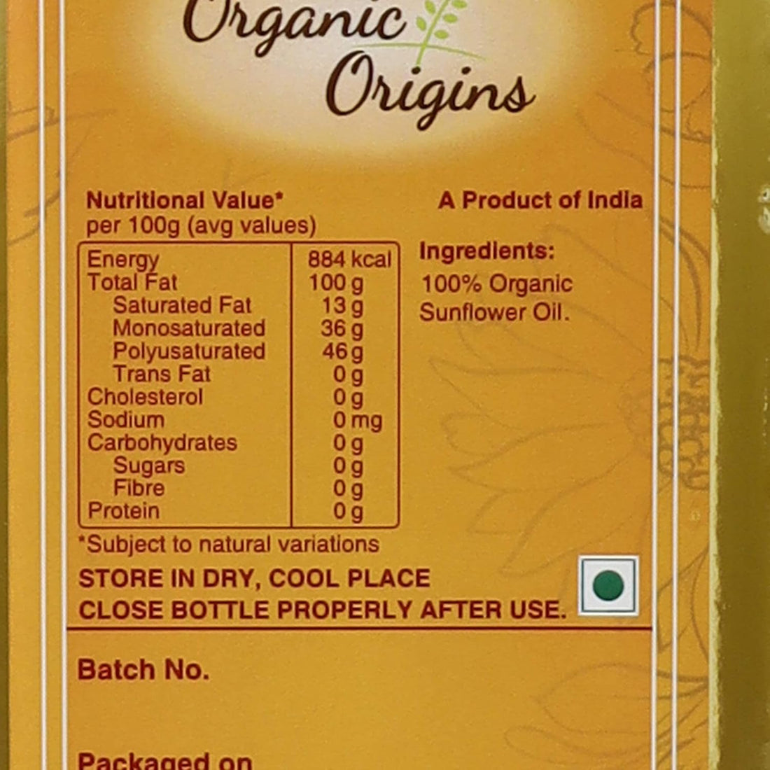 Sunflower Oil | Cold Pressed - Pure & Unrefined - No Added Preservatives - Organic Origins - 500ml
