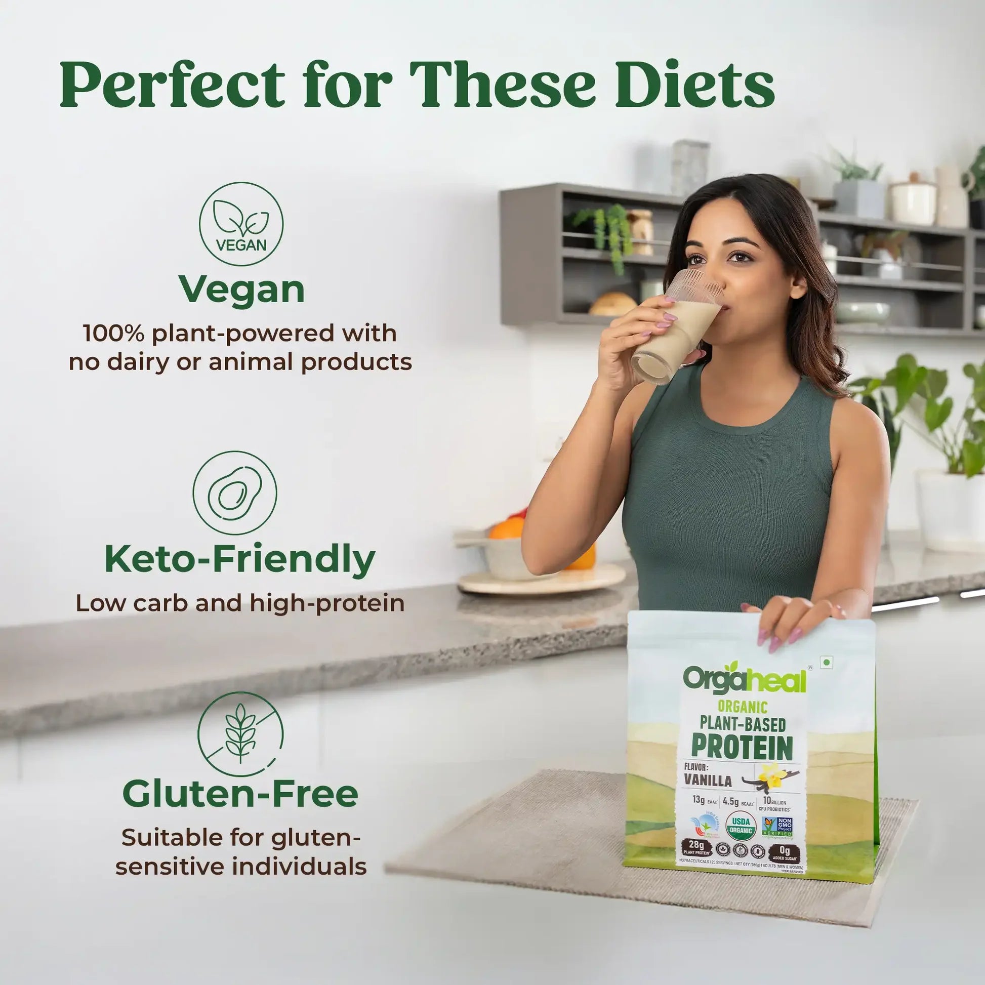 Protein Powder | Organic Plant-Based Protein Powder (Vanilla) - 28g Plant Protein -USDA Organic - Vegan, Gluten Free & Dairy Free - Orgaheal - 980gm
