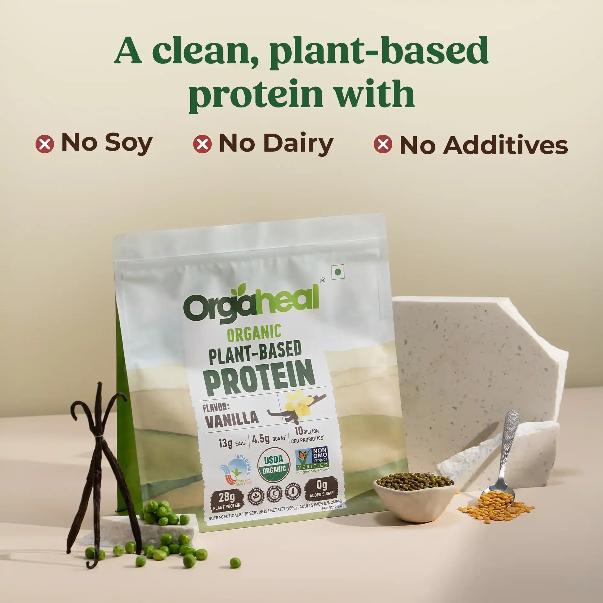 Protein Powder | Organic Plant-Based Protein Powder (Vanilla) - 28g Plant Protein -USDA Organic - Vegan, Gluten Free & Dairy Free - Orgaheal - 980gm