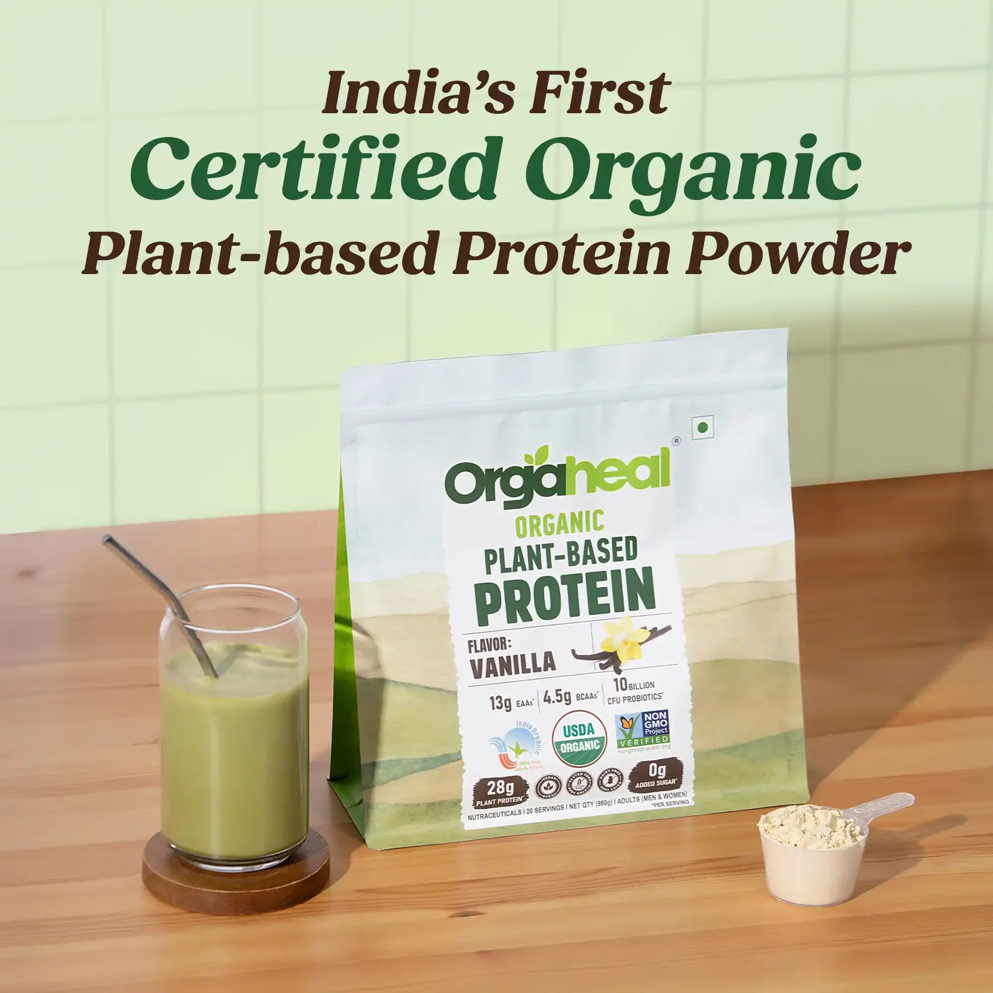 Protein Powder | Organic Plant-Based Protein Powder (Vanilla) - 28g Plant Protein -USDA Organic - Vegan, Gluten Free & Dairy Free - Orgaheal - 980gm