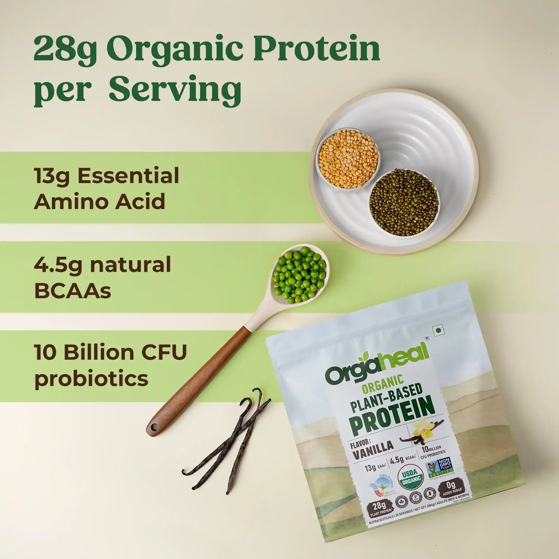 Protein Powder | Organic Plant-Based Protein Powder (Vanilla) - 28g Plant Protein -USDA Organic - Vegan, Gluten Free & Dairy Free - Orgaheal - 980gm