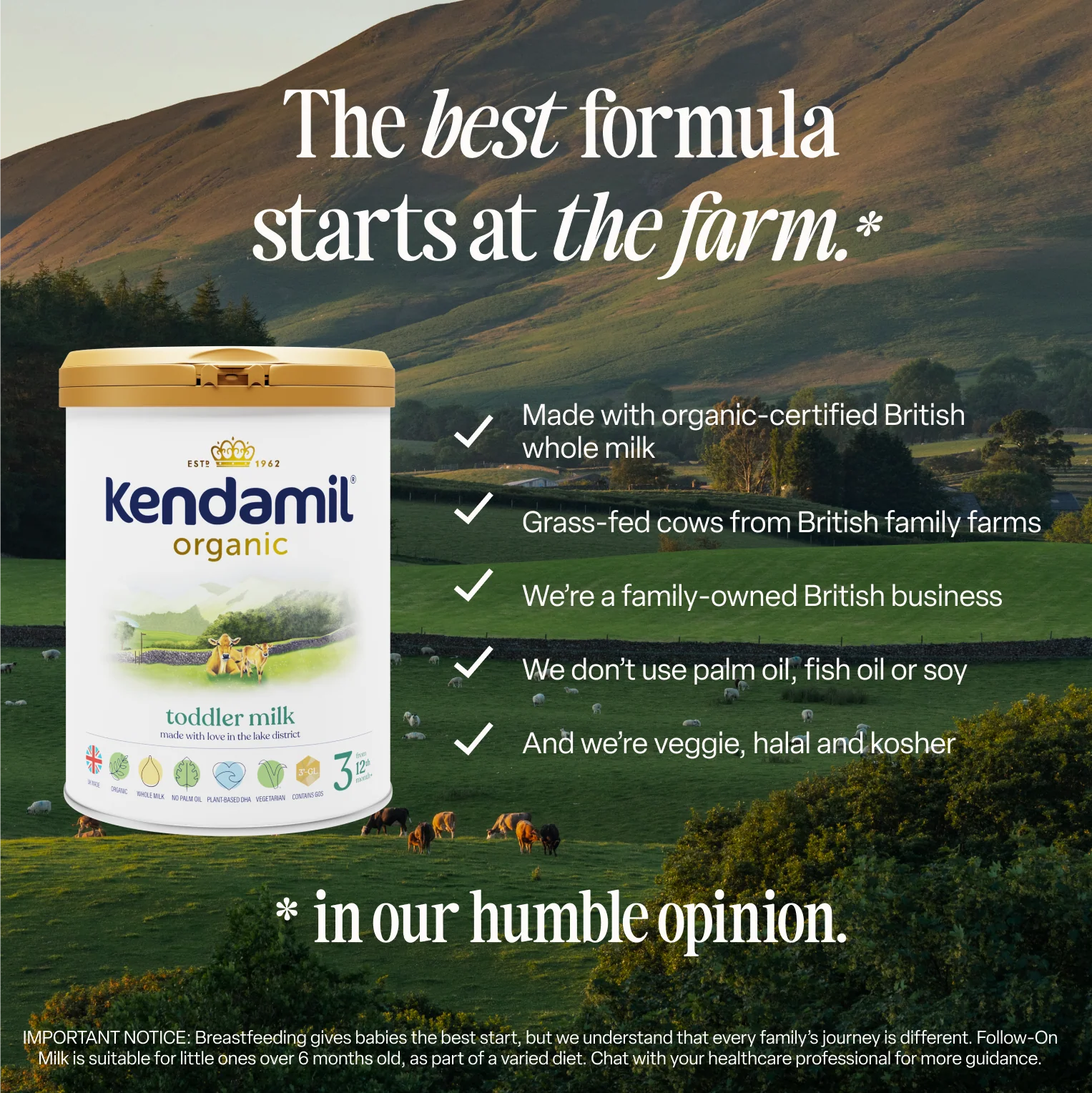 Milk Powder | Organic Toddler Milk - Follow On Milk - Organic Whole Milk from Grass-fed British family farms - Vegetarian Friendly, No Palm Oil & No Fish Oil - kendamil - 800gm