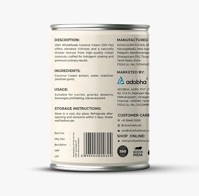 Cream | Organic Coconut Cream- Thick & Creamy (22 % Fat) - Gluten Free, Vegan - OKO Whole Food - 400ml