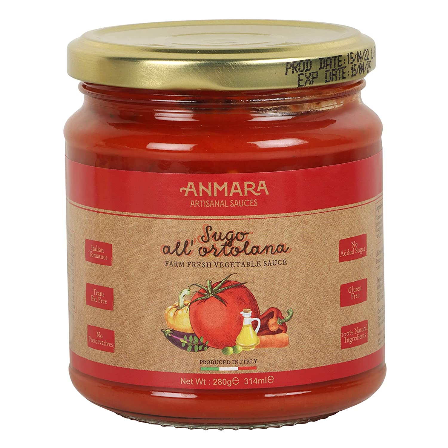 Ortolana Mix Veg. Sauce – Natural - Italy - Gluten Free, No Added Sugar & Fat Free - Anmara – 280gm