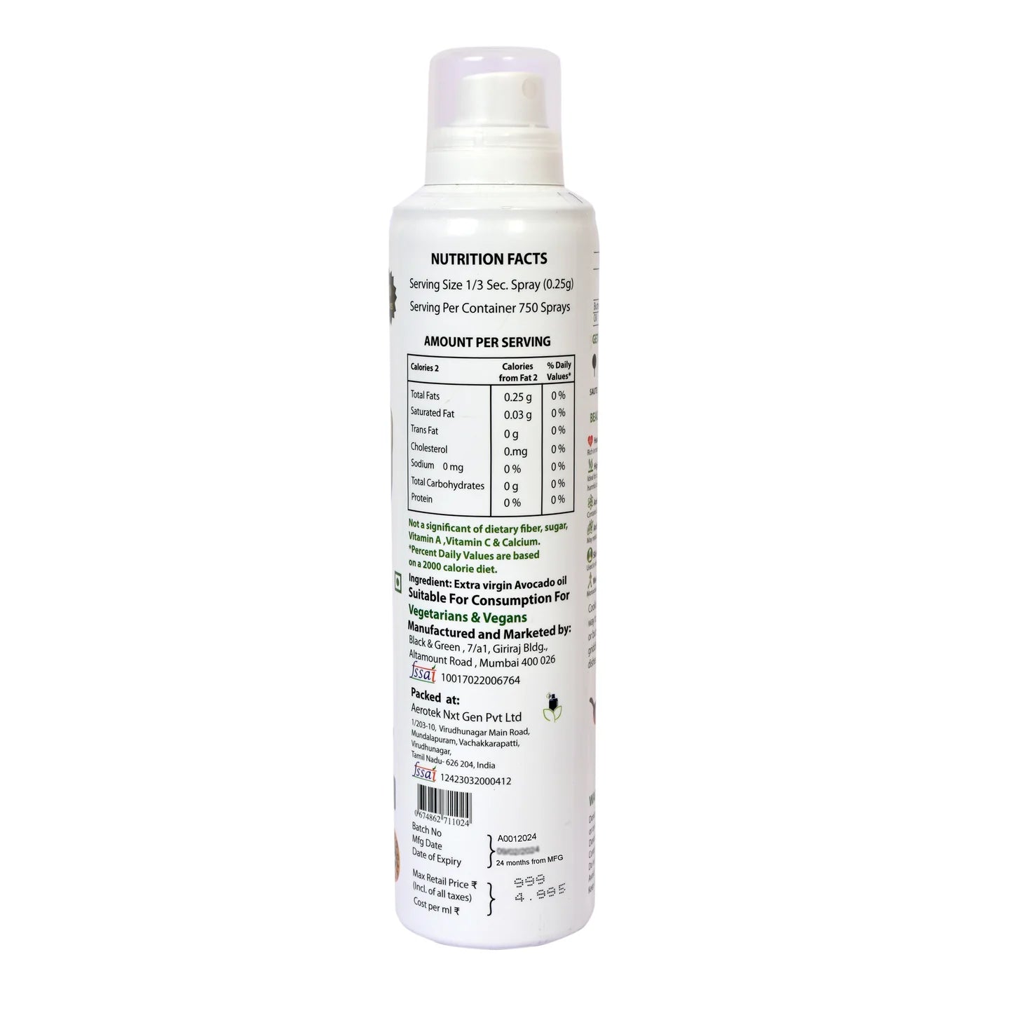 Avocado Oil Spray - Extra Virgin - 2 Calories Per Spray - 720 Sprays - B&G - 250ml