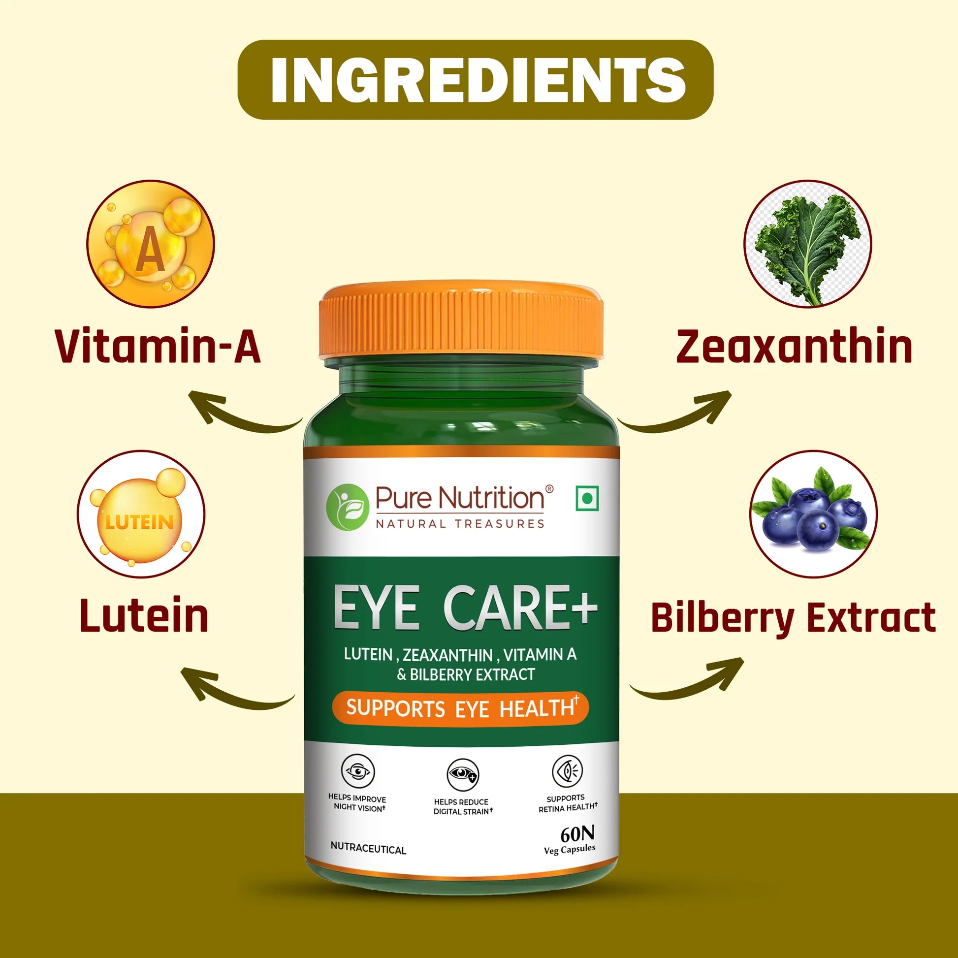 Eye Care+ | Lutein, Zeaxanthin, Vitamin A & Bilberry - Support Eye Health, Improve Night Vision, Reduce Digital Strain, Support Retina Health- Pure Nutrition- 60 Veg Capsules