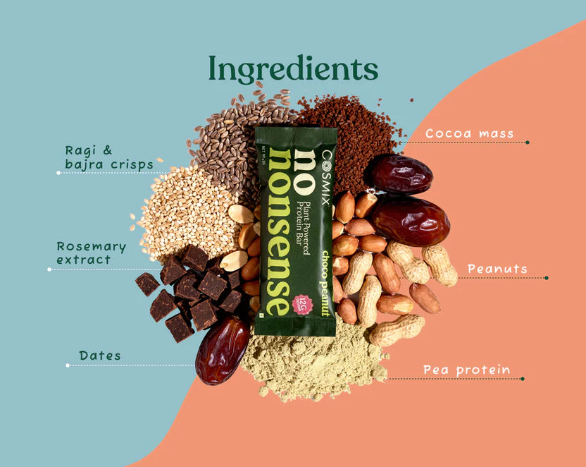 Protein Bar | Choco Peanut- Plant Powered Protein Bar – No Nonsense – No Refined Sugar, No palm oil , No Artificial Preservatives, No Gums & Fillers – Cosmix – 45gm