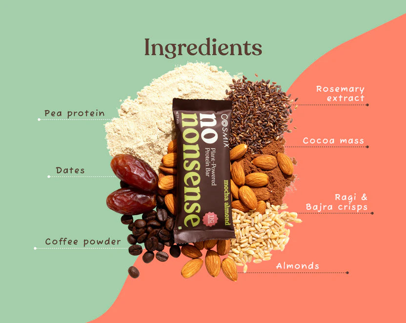 Protein Bar | Mocha Almond - Plant Powered Protein Bar – No Nonsense – No Refined Sugar, No palm oil , No Artificial Preservatives, No Gums & Fillers – Cosmix – 45gm