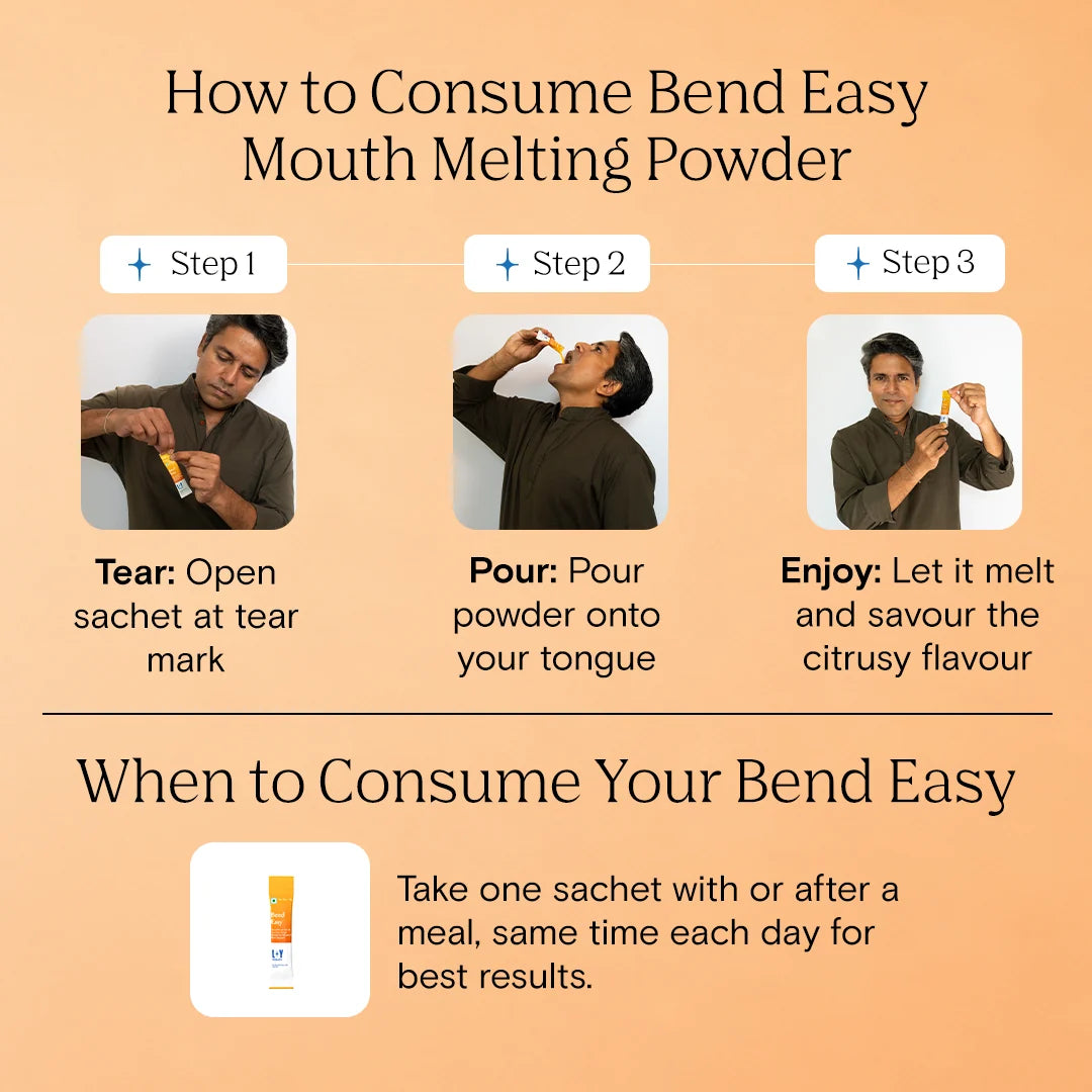Health Supplements | Bend Easy - Advanced Muscle & Back Support - Orange Flavoured - Clinically Proven Ingredients-Zero Gram Sugar, No Artificial Sweeteners -Light Years Health - 1.5g*15 Sachets