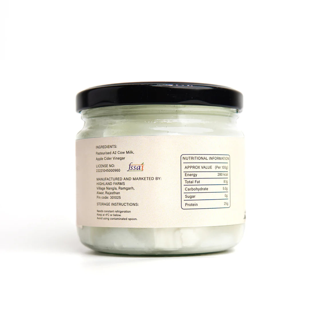 Paneer | (Made With A2 Cow Milk) - Low Fat & No Preservatives - Highland Farms - 200gm