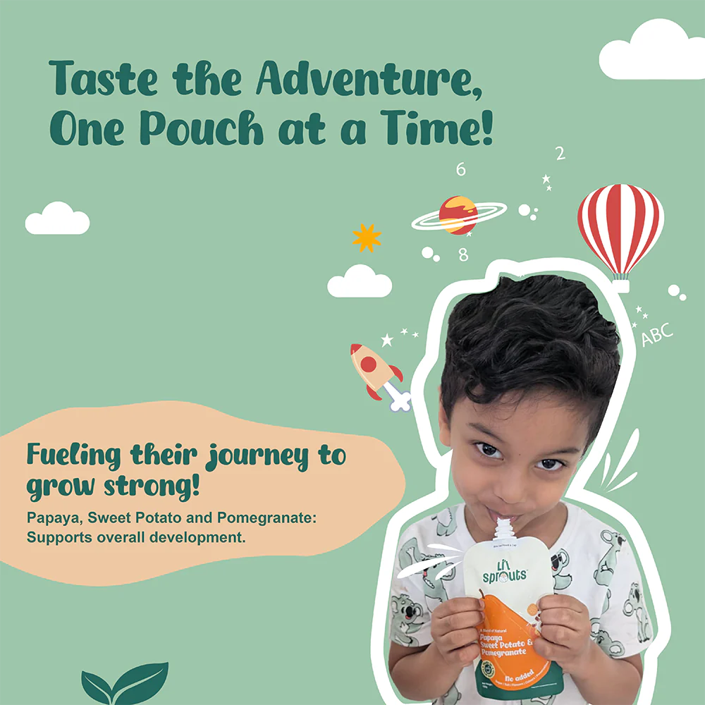 Puree | Papaya, Sweet Potato And Pomegranate Puree - Sweet & Tangy Notes - 100% Natural - Cold Pressed Ingredients - No Added Sugar, Salt, Flavours, Colours & No Artificial Ingredients - Lil Sprouts - 100gm