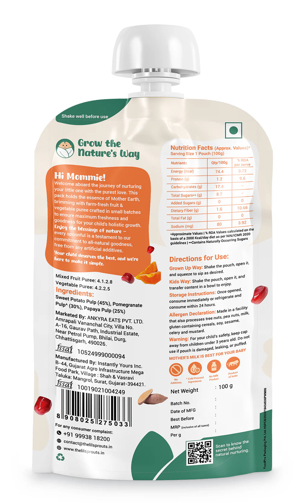 Puree | Papaya, Sweet Potato And Pomegranate Puree - Sweet & Tangy Notes - 100% Natural - Cold Pressed Ingredients - No Added Sugar, Salt, Flavours, Colours & No Artificial Ingredients - Lil Sprouts - 100gm